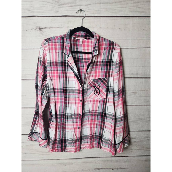 Victorias Secret Womens Lounge Shirt Pink Multicolor Plaid Collared Cotton M - Picture 1 of 6